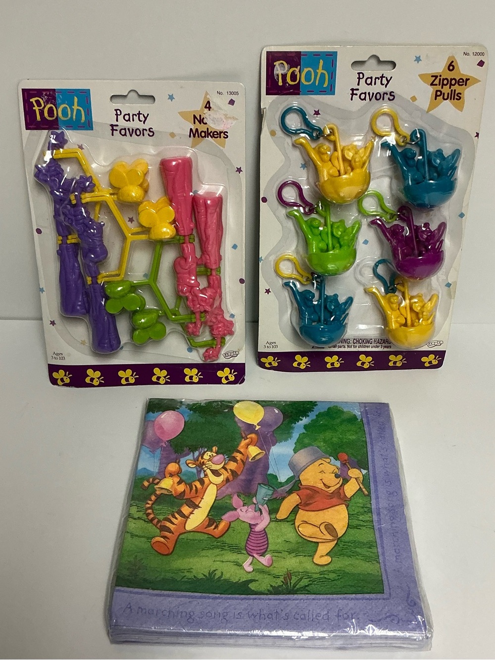 Vintage Disney Winnie the Pooh Party Favours Zipper Pups Noise Makers + Napkins